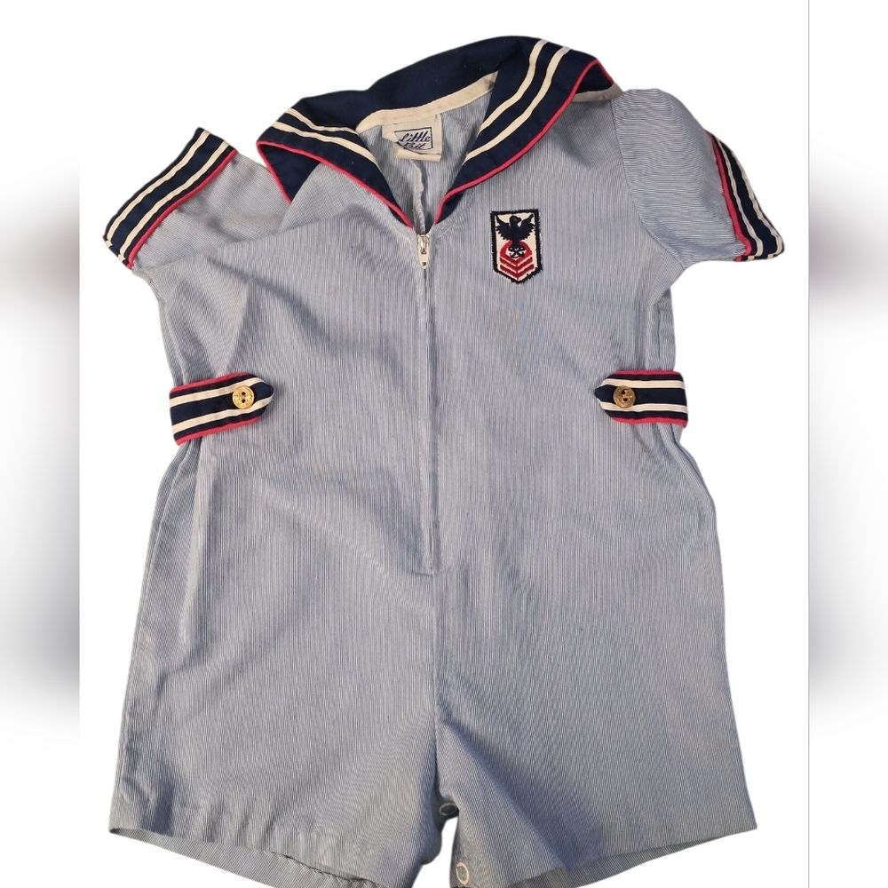 Vintage Baby Sailor Romper Outfit Little Bit 24 Months Made in USA Nautical Navy